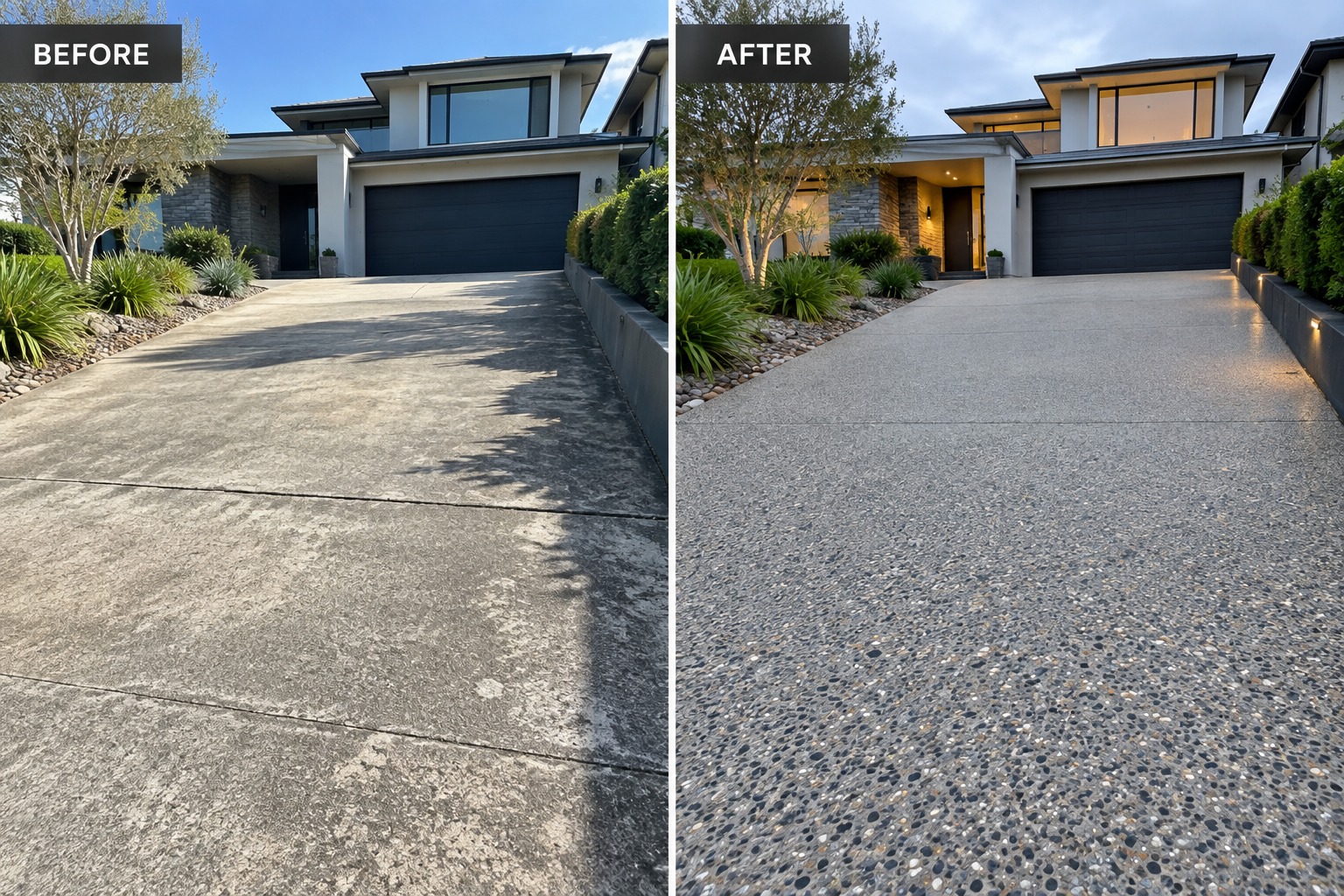 Before and after — a stained concrete driveway resurfaced in exposed aggregate