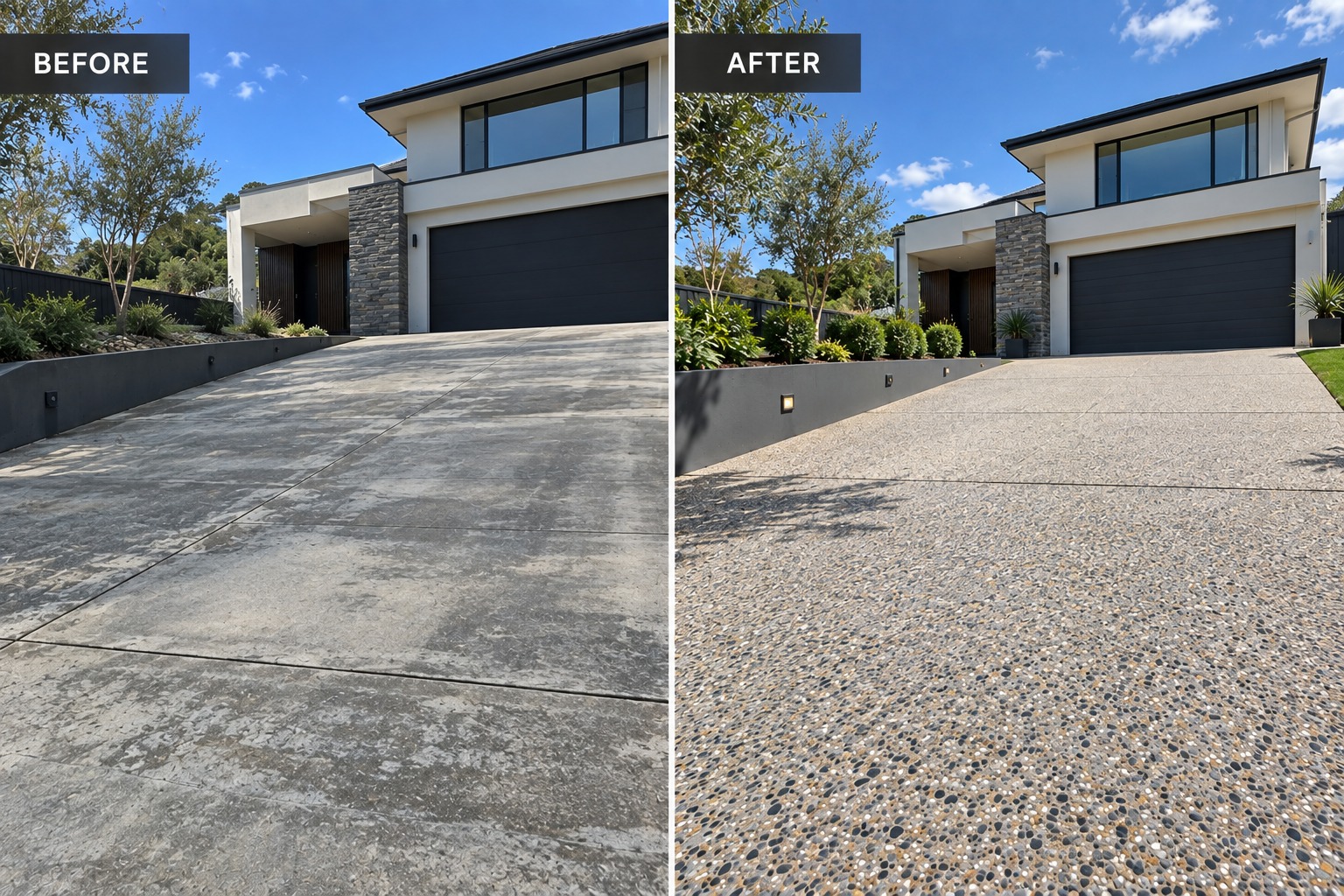 Before and after — a patchy sloping driveway finished in exposed aggregate