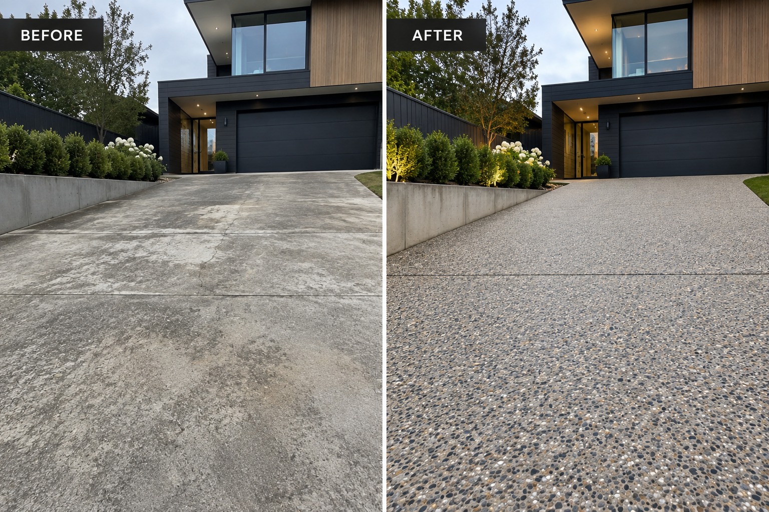 Waiheke driveway before and after — worn plain concrete finished in exposed aggregate