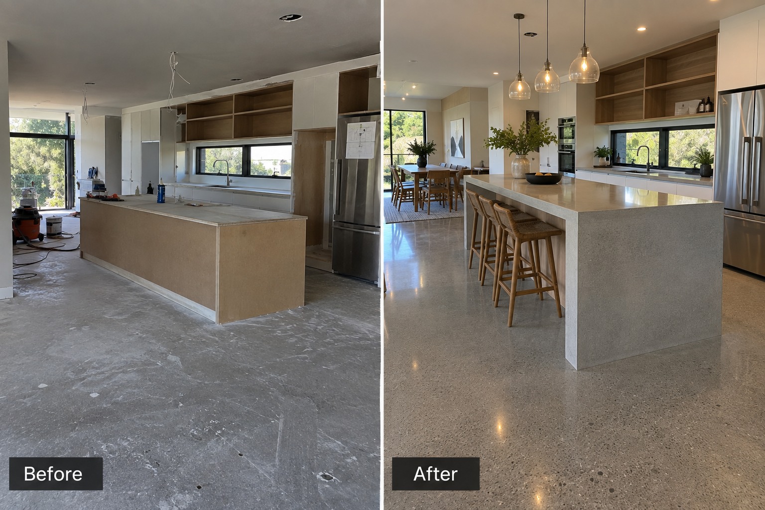 Before and after — kitchen and centre island floor finished in honed concrete