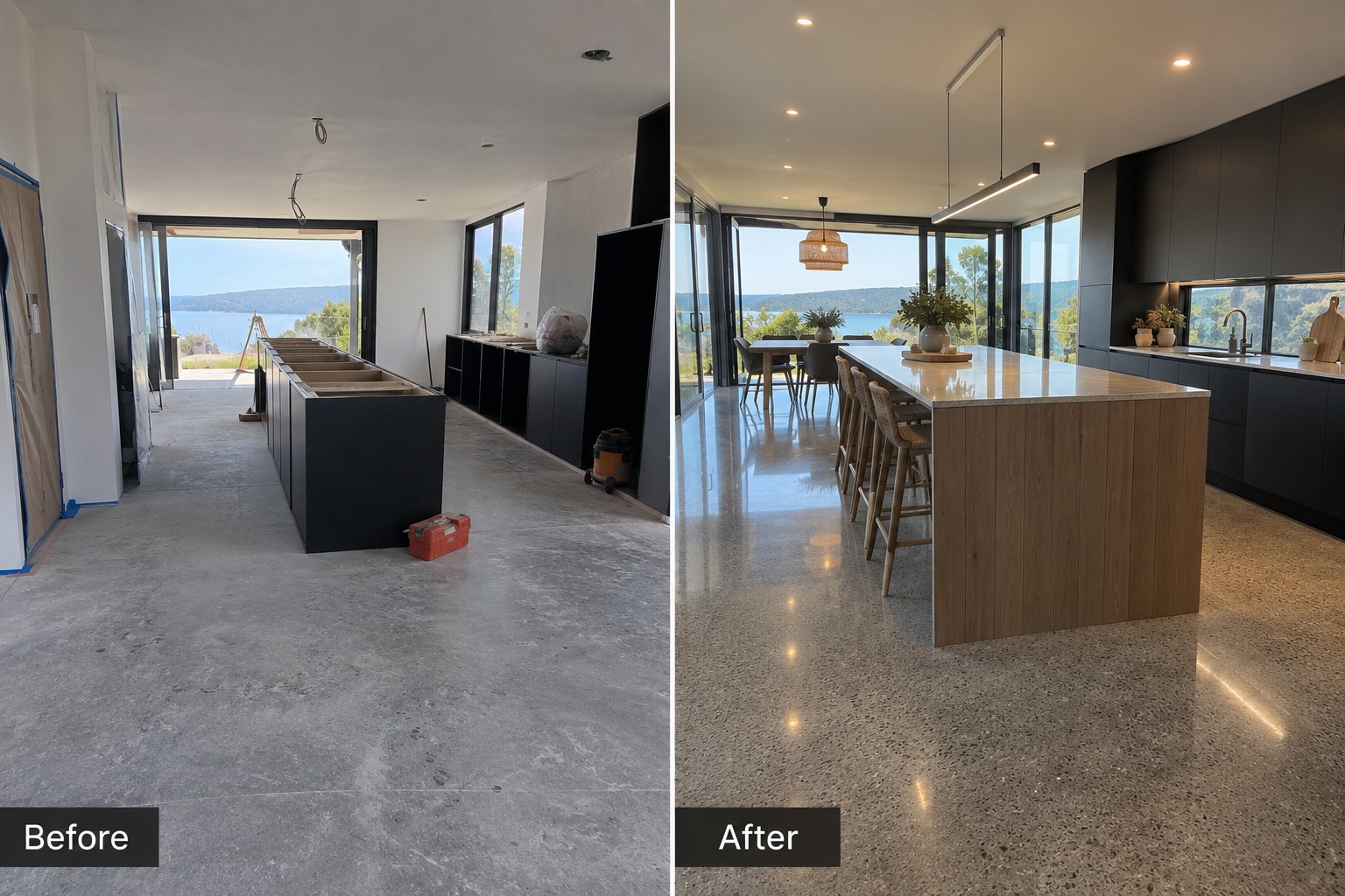 Before and after — open-plan living floor finished in honed concrete with sea views
