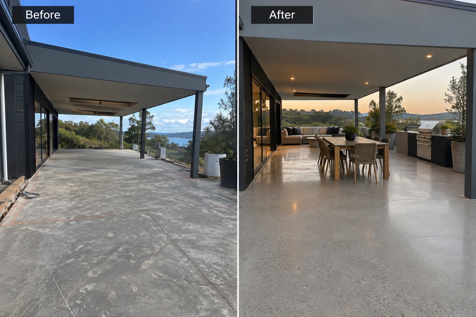 Waiheke alfresco area before and after — bare slab finished in honed concrete